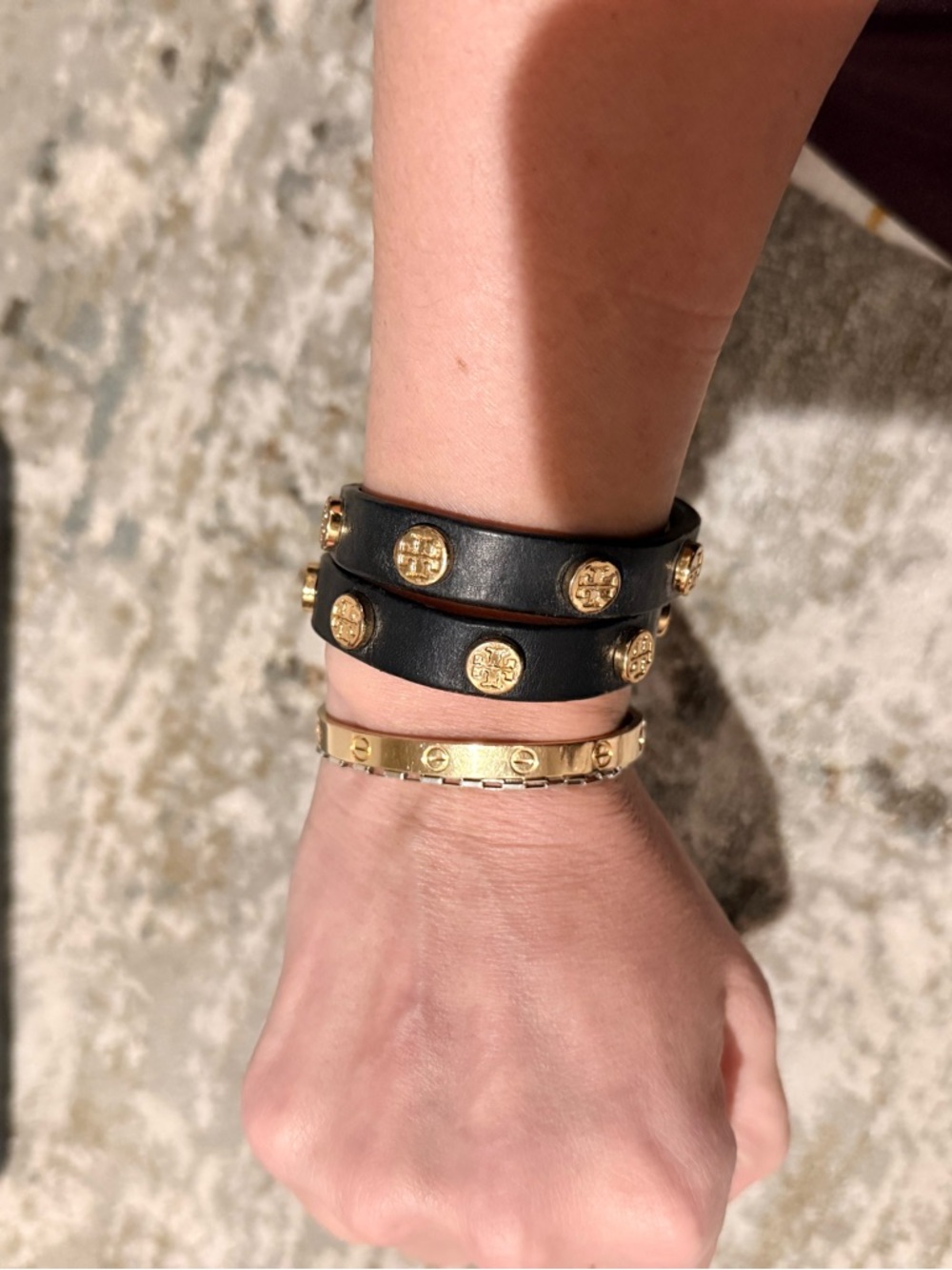 Tory Burch Black Leather Double Wrap Bracelet with Gold Logo Studs